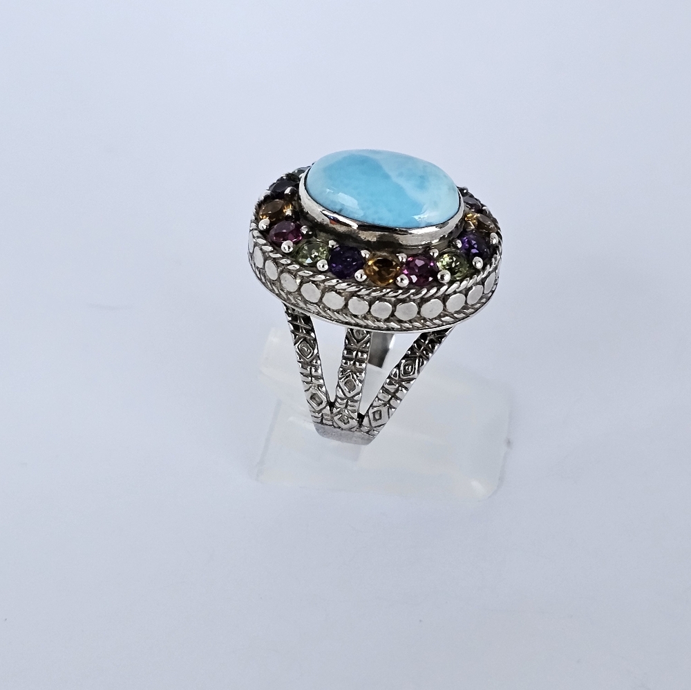 Artisan Crafted Natural Larimar & Multicolor Tourmaline 💍 Sterling Silver Sz 7. - Picture 9 of 12